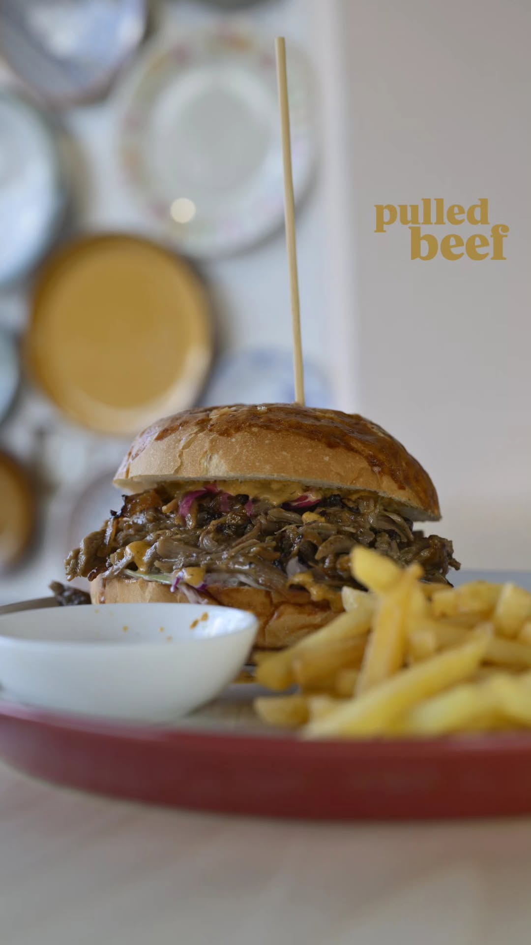 Delicious pulled beef burger with fries